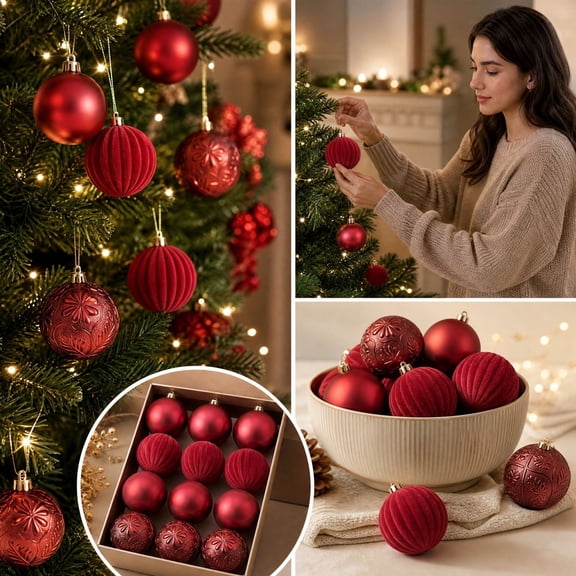 Ltvvegg 12Pcs Vintage Christmas Balls Ornaments for Tree Decorations, 2.36" Rustic Copper Christmas Ball Ornaments Bronze for Indoor Holiday Xmas Decor, Red