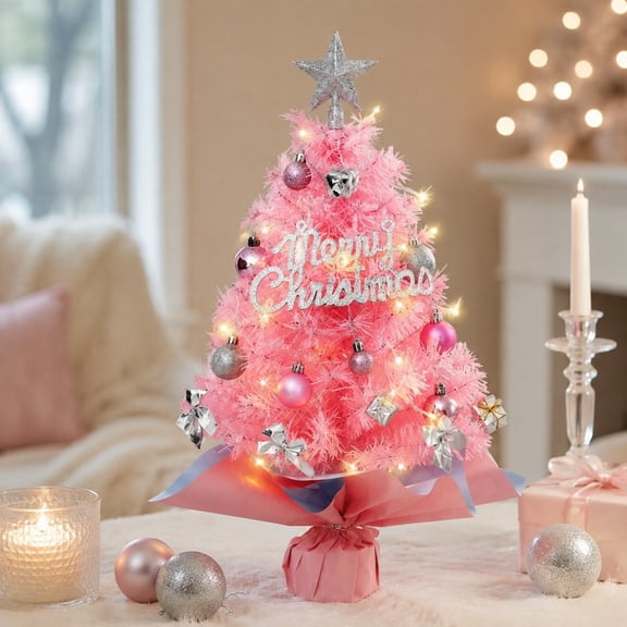 Ltvvegg 18 in Mini Pink Christmas Tree, Artificial Small Christmas Tree, Tabletop Christmas Tree with Star Treetop, Bow Boxes and Ball Ornaments for DIY Christmas Decorations