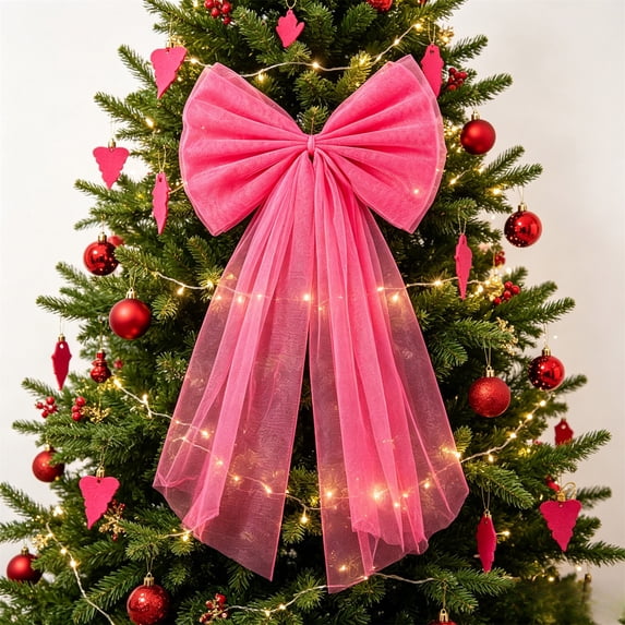 Ltvvegg 29in Christmas Tree Bows Large Tulle Ribbon, Hot Pink Bow Christmas Tree Topper with Sparkling Streamers, Giant Bow for Wall Car Holiday Wedding Xmas Home Decorations