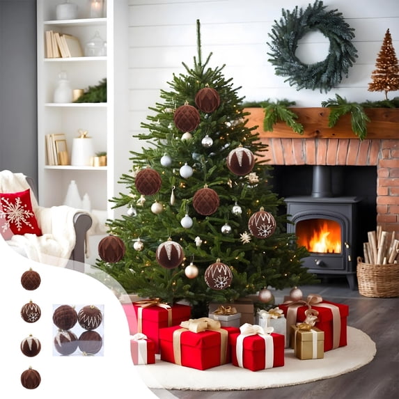 Ltvvegg 3.15" 4 Pcs Flock Christmas Balls Ornament Set, Shatterproof Christmas Tree Ornaments Ready to Hang, Seasonal Holiday Decorations, Brown