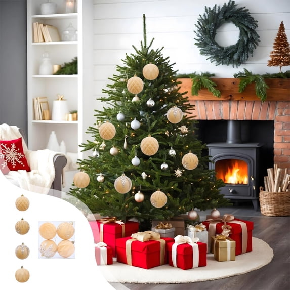 Ltvvegg 3.15" 4 Pcs Flock Christmas Balls Ornament Set, Shatterproof Christmas Tree Ornaments Ready to Hang, Seasonal Holiday Decorations, Yellow