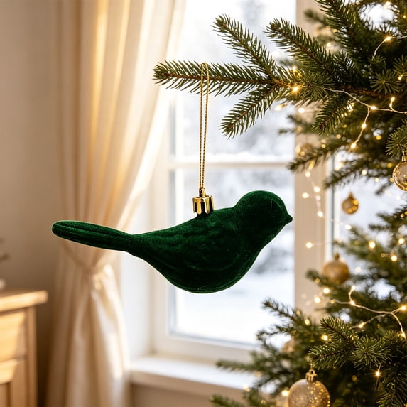 Ltvvegg 5" Bird Shaped Christmas Ornaments, Velvet Christmas Tree Decorations Hanging Christmas Ornament for Xmas Tree Pendant, Army Green