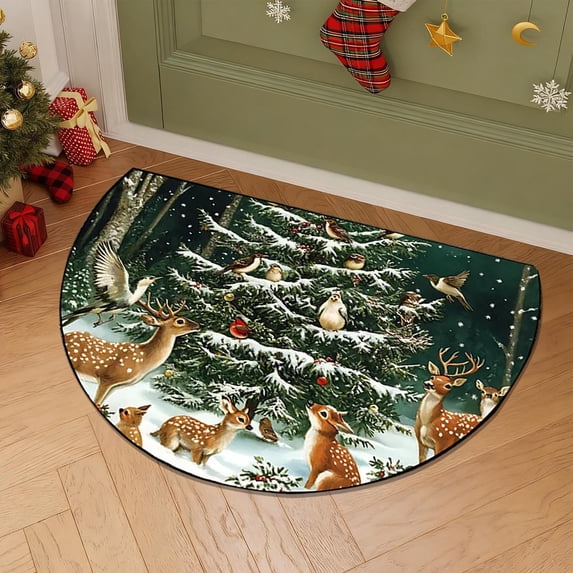 Ltvvegg Christmas Door Mat, Semi Circle Doormat Xmas Red Christmas Theme Washable Rug for Christmas Decorations Outdoor Indoor Living Room Bedroom Kitchen Holiday Decor(24x20in)