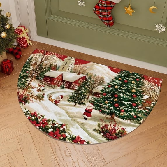 Ltvvegg Christmas Door Mat, Semi Circle Doormat Xmas Red Christmas Theme Washable Rug for Christmas Decorations Outdoor Indoor Living Room Bedroom Kitchen Holiday Decor(24x20in)