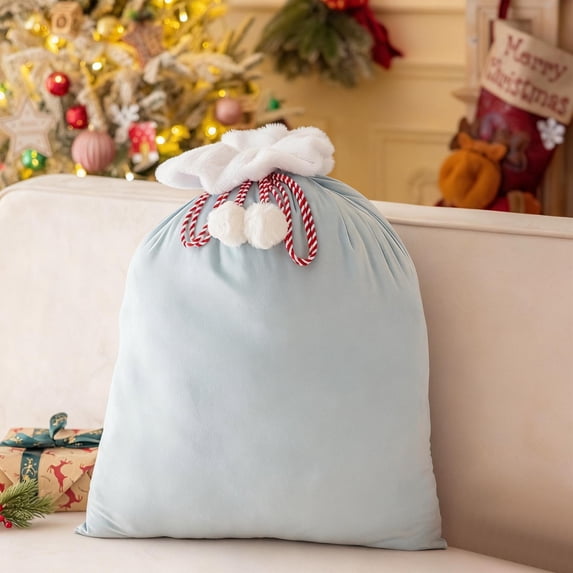 Ltvvegg Christmas Gift Bags, Christmas Velvet Bags With Drawstring, Large Christmas Gift Bags Plush Santa Sack for Xmas Package Storage and Party Supplies Gift Wrapping, Light Blue(24x16in)