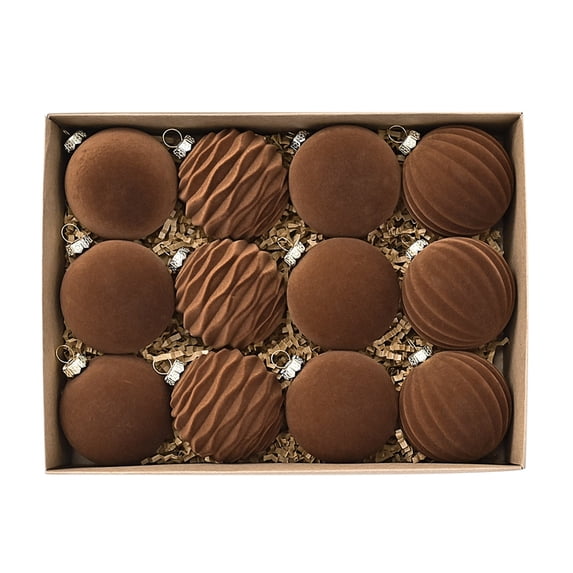 Ltvvegg Christmas Ornaments Set Velvet Plastic Christmas Balls, 3.2inch Large Xmas Ball Ornaments 12 Pcs Flocked Balls Xmas Hanging Ornaments Shatterproof Ball Set, Brown