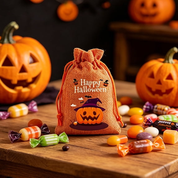 Ltvvegg Halloween Goodie Bags, Trick or Treat Bags, Pumpkin Halloween Candy Bags with Drawstring, Halloween Gift Bags Candy Pouches for Halloween Party Favors(4x6In)