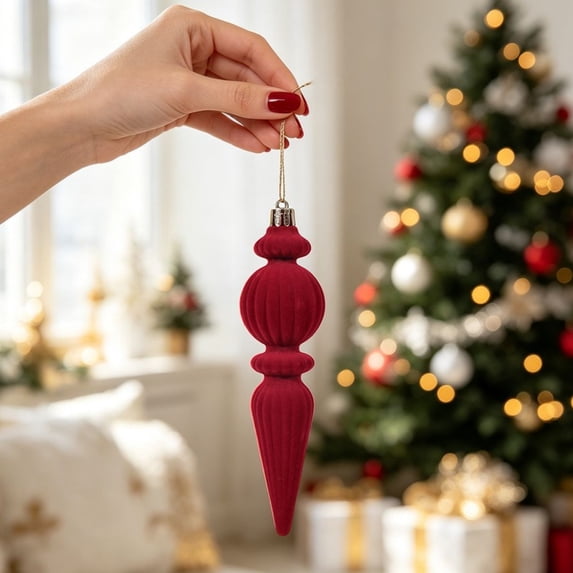 Ltvvegg Velvet Christmas Ornaments, Flocked Xmas Tree Hanging Decorations Plastic Velvet Christmas Ornaments for Xmas Tree Home Party Decorations, Red