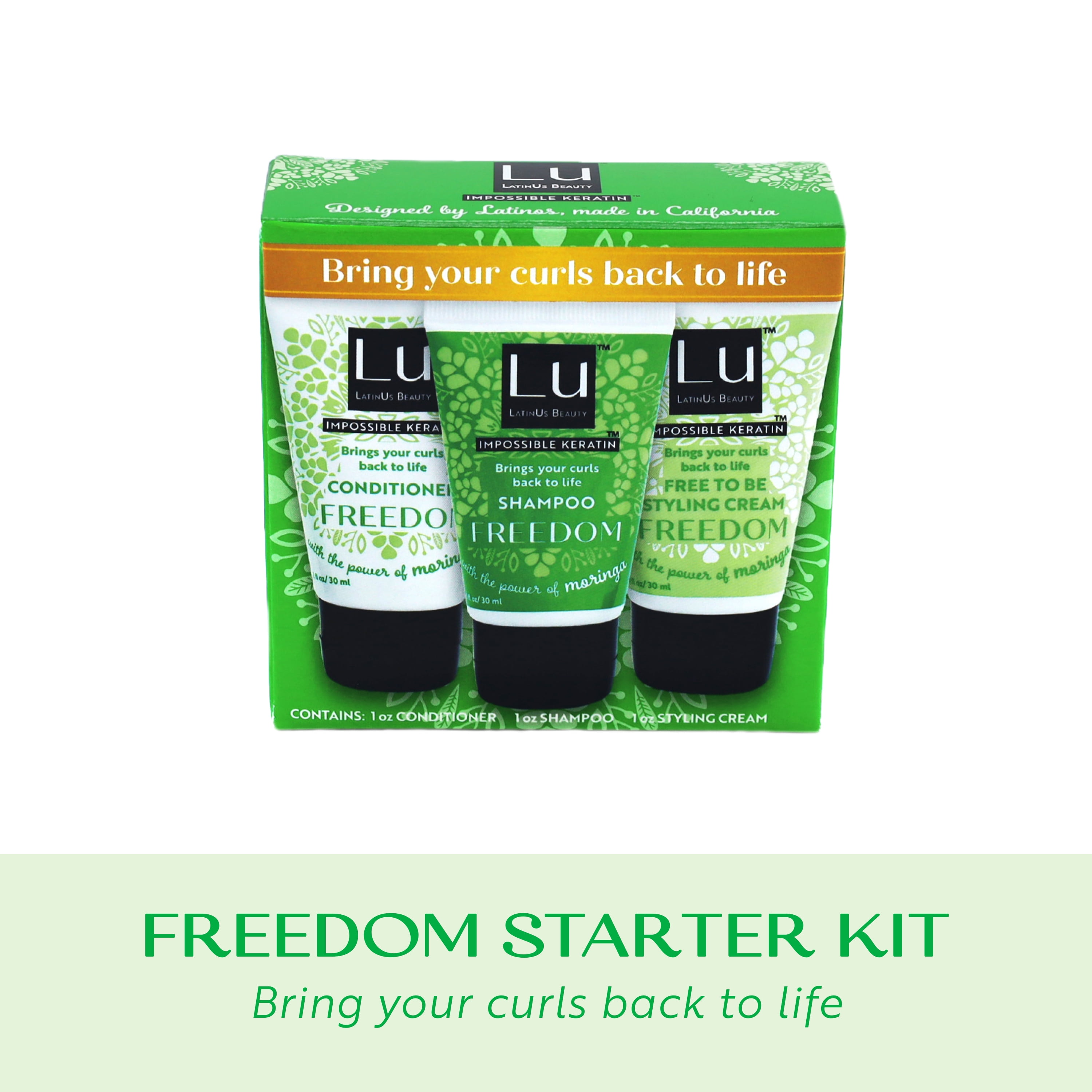 Lu by LatinUs Beauty FREEDOM Travel Kit, Curls & Volume Hair Set, 1 oz Shampoo, Conditioner & Cream