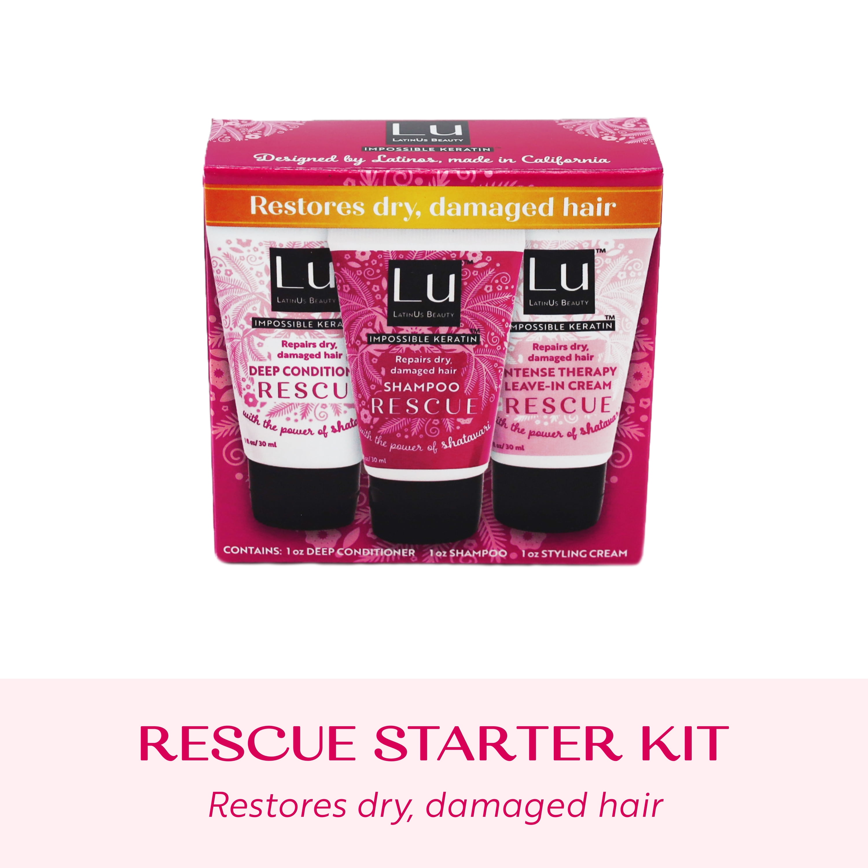 Lu by LatinUs Beauty RESCUE Travel Kit, Repair & Restore Hair Set, 1 fl oz Shampoo, Conditioner & Cream