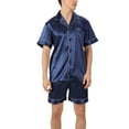 thumbnail image 1 of SWSMCLT Men's 2 Piece Pajamas Set Soft Silky Casual Sleepwear Pjs Satin Summer Thin Short Sleeve Button Down Navy White XX-Large, 1 of 4