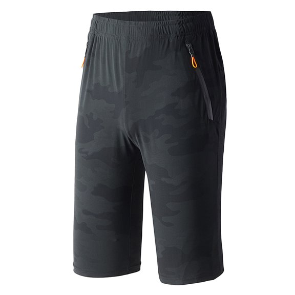 SWSMCLT Men's Athletic Long Shorts Elastic Waist Quick Dry Capri with Zipper Pocket Hiking Running Gym Summer Below Knee Length Black 36