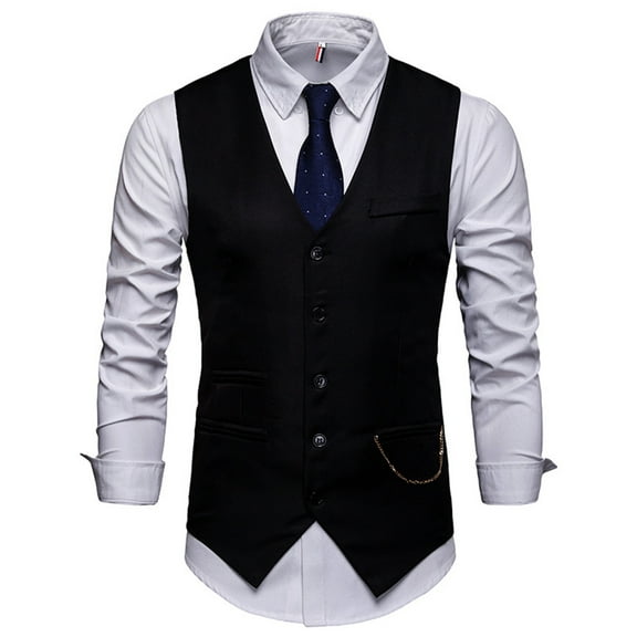 Lu's Chic Men's Business Formal Suit Vest Tuxedo Dress Waistcoat Slim Fit Jacket Lightweight Western Vests Button Down V Neck Sleeveless Black XX-Large