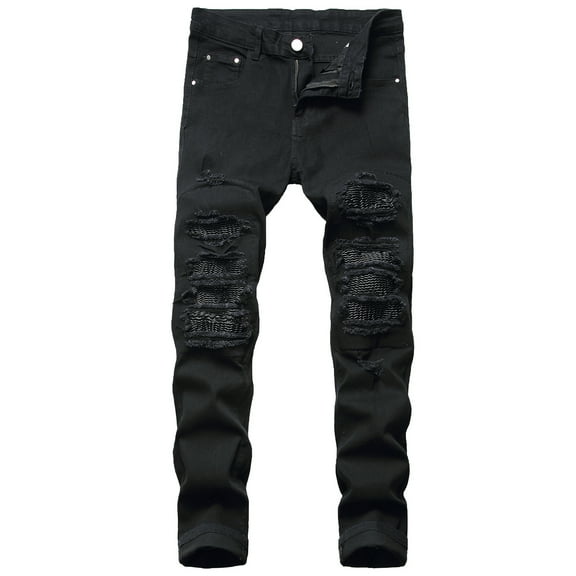 Lu's Chic Men's Cotton Skinny Slim fit Ripped Jeans Destroyed Holes Fit Denim Pants Stretch with Pockets Streetwear Workout Rip Distressed Black 34