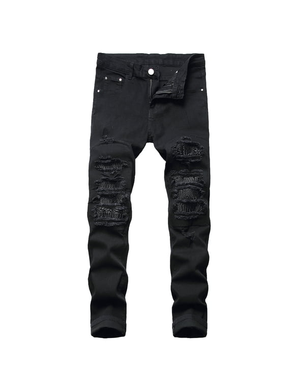 Lu's Chic Men's Cotton Skinny Slim fit Ripped Jeans Destroyed Holes Fit Denim Pants Stretch with Pockets Streetwear Workout Rip Distressed Black 38