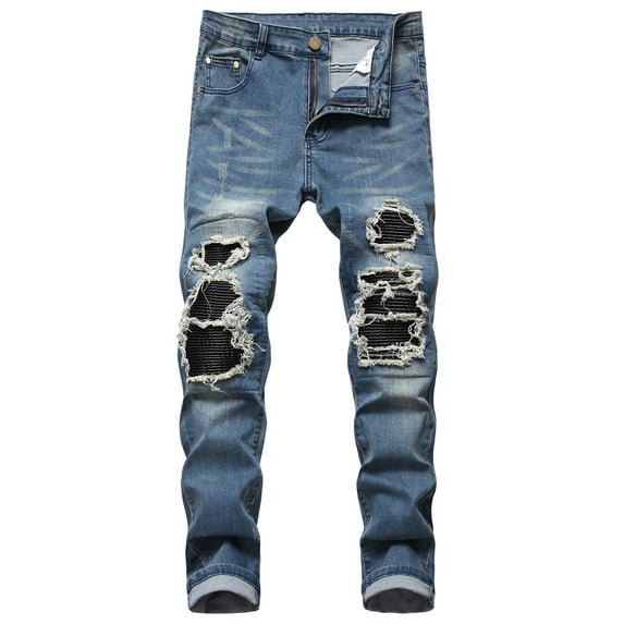 Lu's Chic Men's Cotton Skinny Slim fit Ripped Jeans Destroyed Holes Fit Denim Pants Stretch with Pockets Streetwear Workout Rip Distressed Blue 36