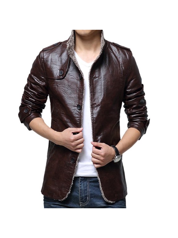 Men's Faux Leather Jacket Casual Furry Fuzzy Fleece Lining Plush Sherpa Lined Winter Fall Long Sleeve Slim Fit Jacket Single Breasted Jackets & Coats Red Burgundy 38