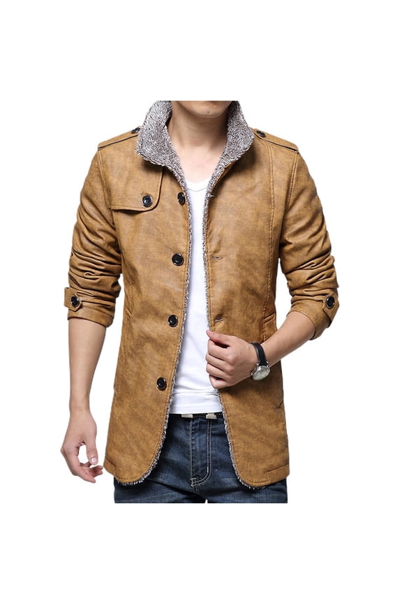 SWSMCLT Men's Faux Leather Jacket Casual Furry Single Breasted Jackets & Coats Fuzzy Fleece Lining Plush Sherpa Lined Winter Fall Long Sleeve Slim Fit Jacket Mustard Yellow Tan 48
