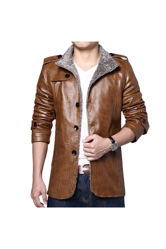 SWSMCLT Men's Faux Leather Jacket Casual Furry Single Breasted Jackets & Coats Fuzzy Fleece Lining Plush Sherpa Lined Winter Fall Long Sleeve Slim Fit Jacket Khaki Camel 40
