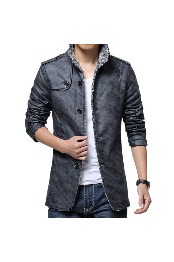 SWSMCLT Men's Faux Leather Jacket Casual Furry Single Breasted Jackets & Coats Fuzzy Fleece Lining Plush Sherpa Lined Winter Fall Long Sleeve Slim Fit Jacket Grey 50