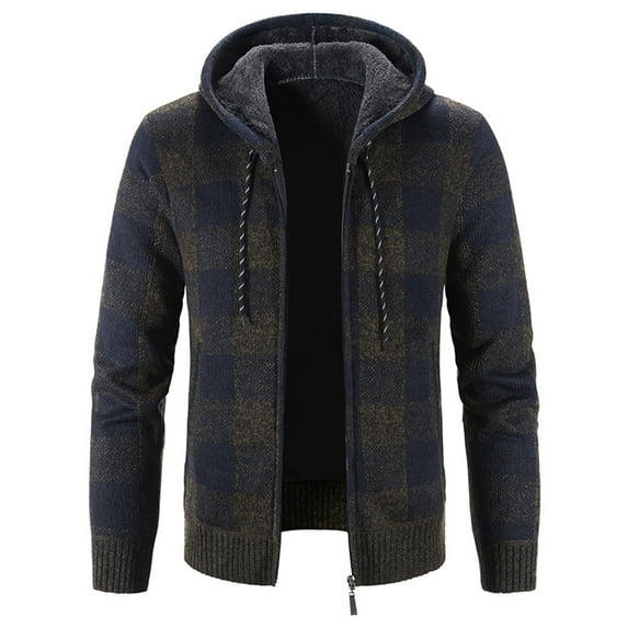 Lu's Chic Men's Full Zip Hoodies Plaid Fleece Lined Cardigan Sweater Thermal Long Sleeve Thick Knit Slim Fit Hooded Sweatshirt Army Green 44
