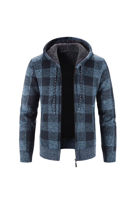 Men's Full Zip Hoodies Plaid Fleece Lined Cardigan Sweater Thermal Long Sleeve Thick Knit Slim Fit Hooded Sweatshirt Blue 38