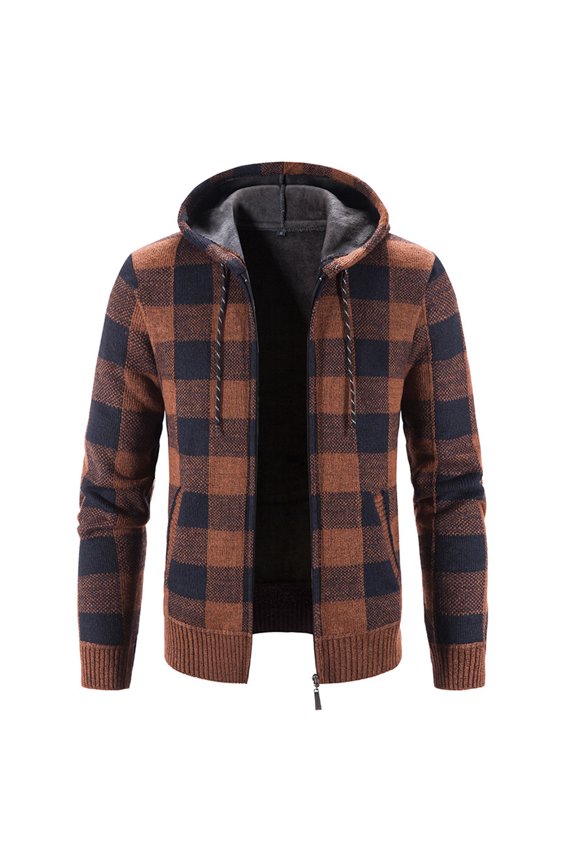 Men's Full Zip Hoodies Plaid Fleece Lined Cardigan Sweater Thermal Long Sleeve Thick Knit Slim Fit Hooded Sweatshirt Brown 36