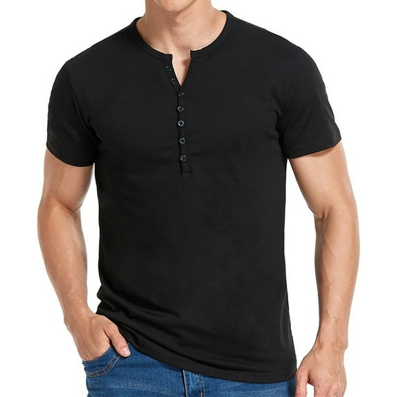 Lu's Chic Men's Henley Shirts Short Sleeve Tops Summer Cotton Fitted Tees V Notch Neck T shirts Casual Cool Muscle Slim Fit Half Button T-Shirts Black Medium
