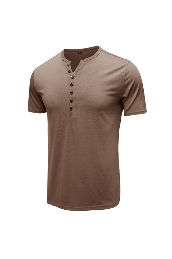 Men's Henley Shirts Short Sleeve Tops Summer Cotton Fitted Tees V Notch Neck T shirts Casual Cool Muscle Slim Fit Half Button T-Shirts Coffee Brown XX-Large