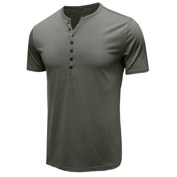 Lu's Chic Men's Henley Shirts Short Sleeve Tops Summer Cotton Fitted Tees V Notch Neck T shirts Casual Cool Muscle Slim Fit Half Button T-Shirts Grey Gray Medium