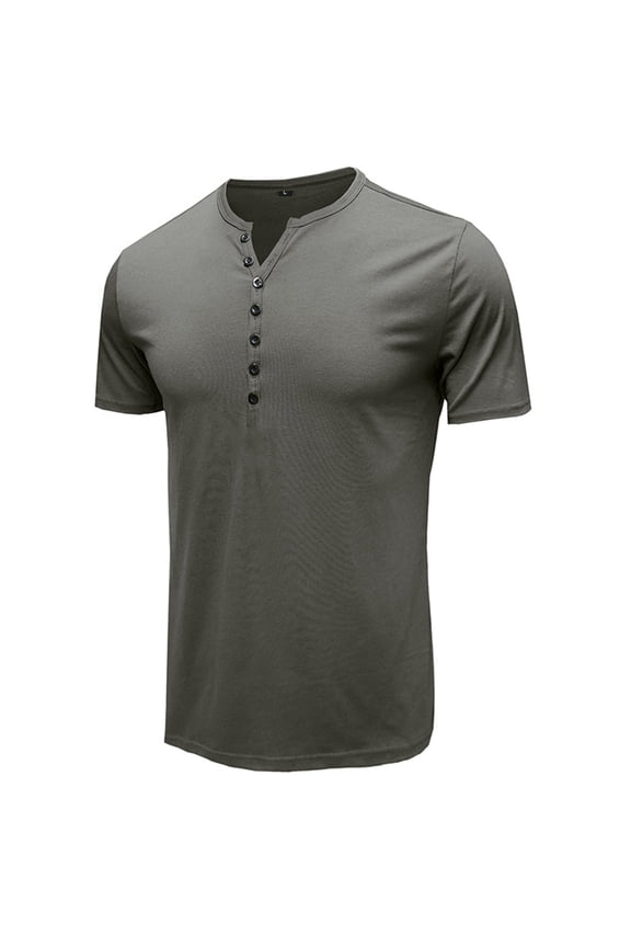 Men's Henley Shirts Short Sleeve Tops Summer Cotton Fitted Tees V Notch Neck T shirts Casual Cool Muscle Slim Fit Half Button T-Shirts Grey Gray Medium