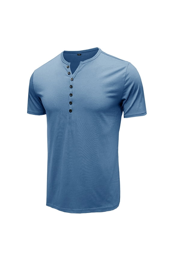 Men's Henley Shirts Short Sleeve Tops Summer Cotton Fitted Tees V Notch Neck T shirts Casual Cool Muscle Slim Fit Half Button T-Shirts Light Blue X-Large