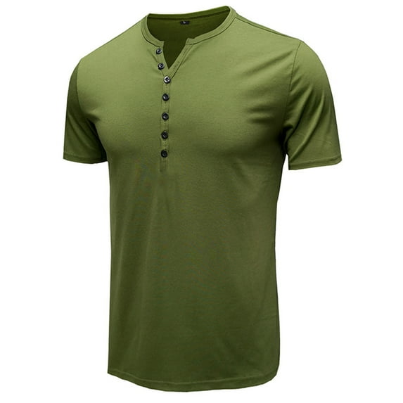 Lu's Chic Men's Henley Shirts Short Sleeve Tops Summer Cotton Fitted Tees V Notch Neck T shirts Casual Cool Muscle Slim Fit Half Button T-Shirts Olive Green X-Large