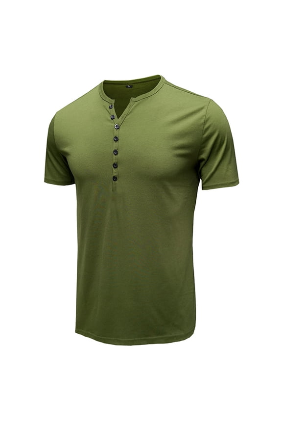 Men's Henley Shirts Short Sleeve Tops Summer Cotton Fitted Tees V Notch Neck T shirts Casual Cool Muscle Slim Fit Half Button T-Shirts Olive Green Medium