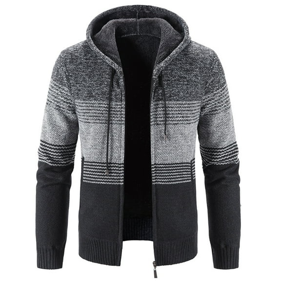 Lu's Chic Men's Hooded Sweatshirt Bold Striped Casual Long Sleeve Fuzzy Fleece Lined Jacket Thick Knitted Knit Slim Fit Cardigan Sweater Zip Up Hoodie Thermal Warm Dark Grey 42