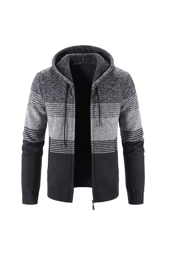 Men's Hooded Sweatshirt Bold Striped Casual Long Sleeve Fuzzy Fleece Lined Jacket Thick Knitted Knit Slim Fit Cardigan Sweater Zip Up Hoodie Thermal Warm Dark Grey 40