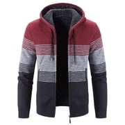Lus Chic Mens Hooded Sweatshirt Bold Striped Casual Long Sleeve Fuzzy Fleece Lined Jacket Thick Knitted Knit Slim Fit Cardigan Sweater Zip Up Hoodie Thermal Warm Red 42
