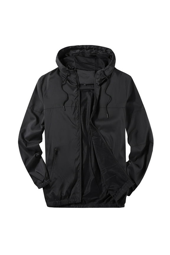 Men's Hooded Windbreaker Jacket Lightweight Loose Fit Windproof Water Resistant Unlined Outdoor Light Rain Jacket All Black 38