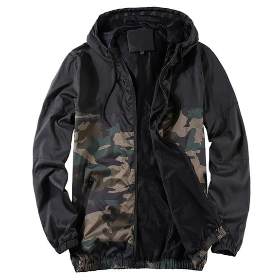 Lu's Chic Men's Hooded Windbreaker Jacket Lightweight Loose Fit Windproof Water Resistant Unlined Outdoor Light Rain Jacket Black Camouflage 40