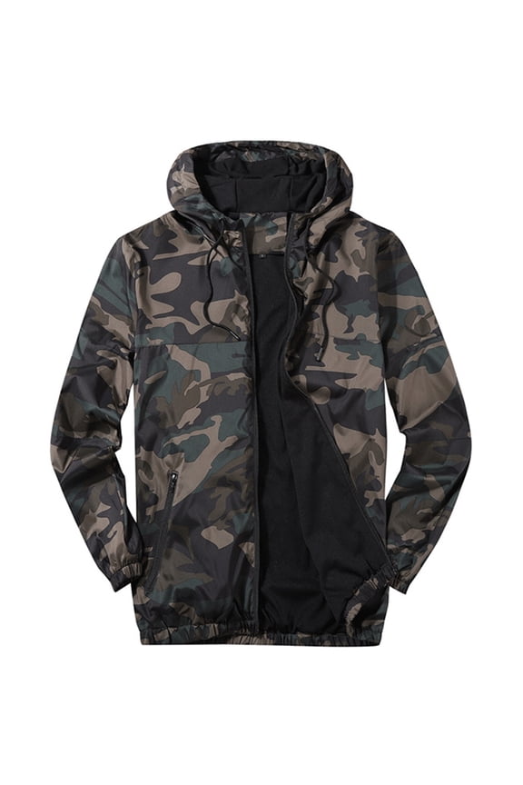 Men's Hooded Windbreaker Jacket Lightweight Loose Fit Windproof Water Resistant Unlined Outdoor Light Rain Jacket Camo Camouflage 44