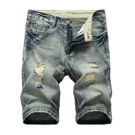 SWSMCLT Men's Jean Shorts Denim Cotton Blend Straight Leg Fashion Blue Short Pocket Ripped Distressed Broken Hole Slim Fit Summer Knee-length Patterend1 28