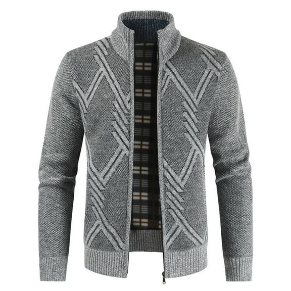 Lu's Chic Men's Long Sleeve Cardigan Sweater Business Casual Slim Fit Fleece Lined Zip Up Sweaters Thermal Soft Band Collar Warm Jackets & Coats Winter Fall Knitwear Pocket Chevron Grey 40