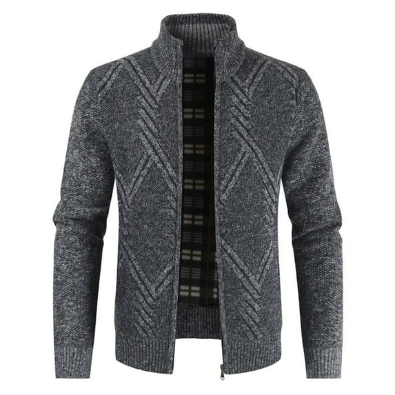 Lu's Chic Men's Long Sleeve Cardigan Sweater Business Casual Slim Fit Fleece Lined Zip Up Sweaters Thermal Soft Band Collar Warm Jackets & Coats Winter Fall Knitwear Pocket Chevron Dark Grey 40