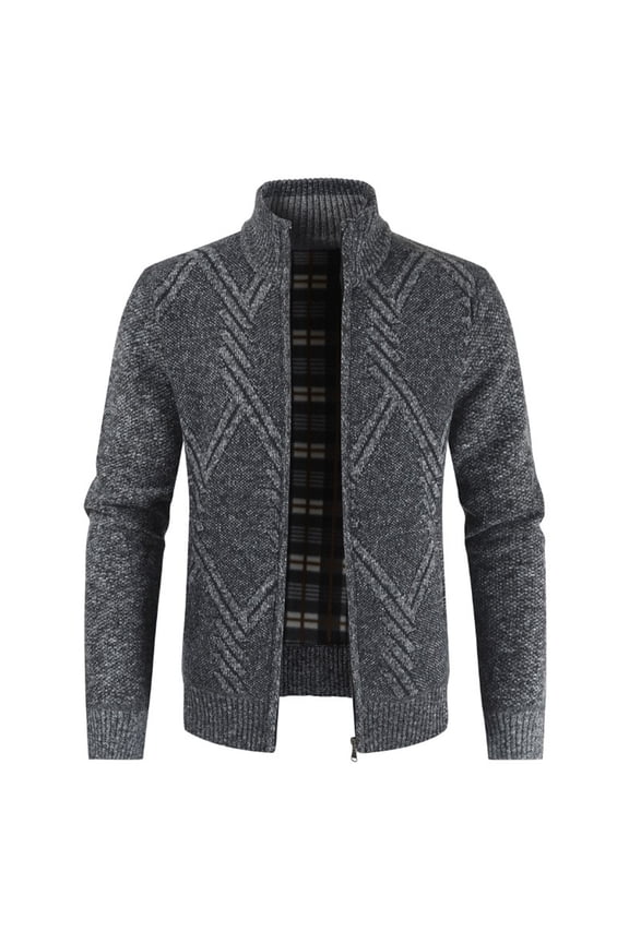 Men's Long Sleeve Cardigan Sweater Business Casual Slim Fit Fleece Lined Zip Up Sweaters Thermal Soft Band Collar Warm Jackets & Coats Winter Fall Knitwear Pocket Chevron Dark Grey 40