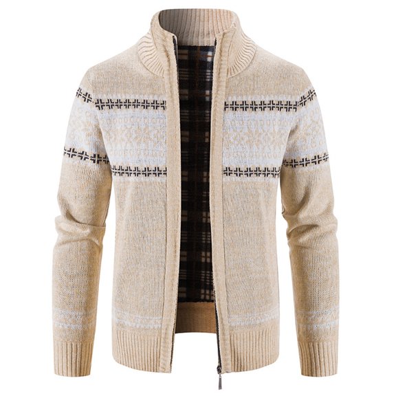 Lu's Chic Men's Long Sleeve Cardigan Sweaters Christmas Winter Thermal Cable Knit Thick Fleece Lined Slim Fit Zipper Sweater Comfy Business Casual Jackets & Coats Pocket Beige 42