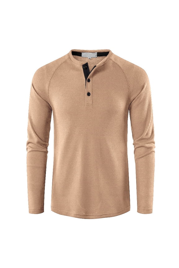 Men's Long Sleeve Henley Solid Waffle Knit Tshirt Quick Dry Tees Fall Casual Top Slim Fit Lightweight Crew Neck T-Shirt Nude Beige Tan Large