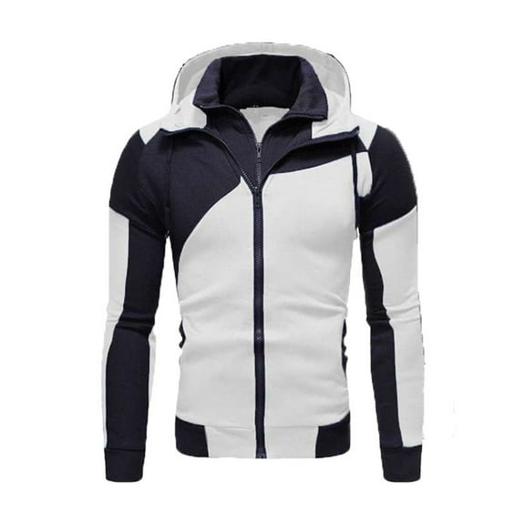 Lu's Chic Men's Long Sleeve Hoodie Cotton Drawstring Full Zip Up Hooded Sweatshirt Fitted Fashion Color Block Collared Mock Neck Hoodies White 44