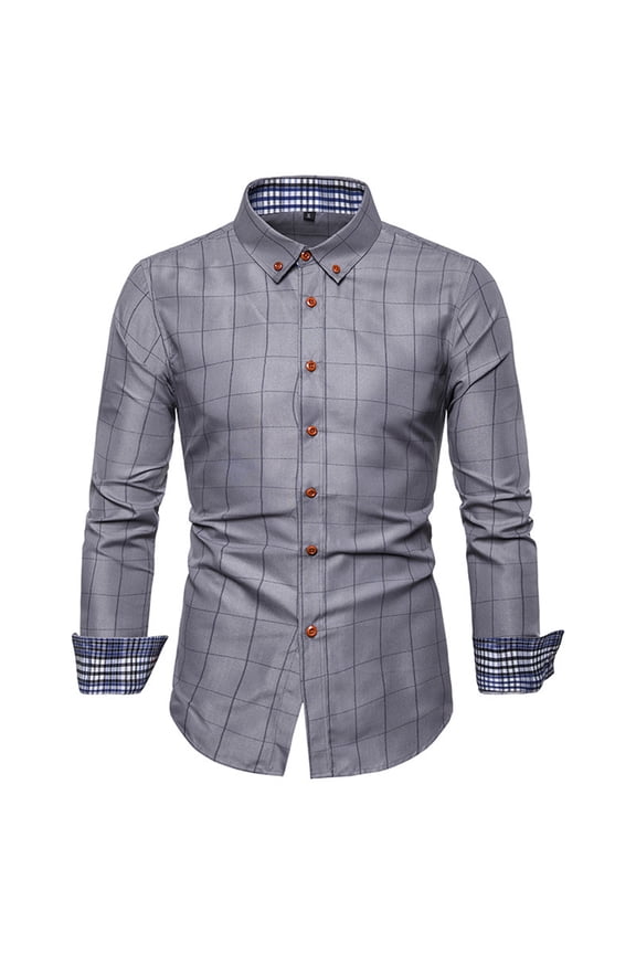 Men's Long Sleeve Shirts Button Down Plaid Cotton Blend Regular Fit/Classic fit Casual Lapel Collar Printed Loose Tops Grey X-Large