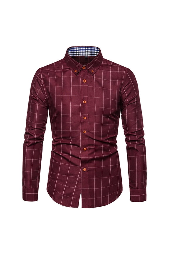Men's Long Sleeve Shirts Button Down Plaid Cotton Blend Regular Fit/Classic fit Casual Lapel Collar Printed Loose Tops Red Large
