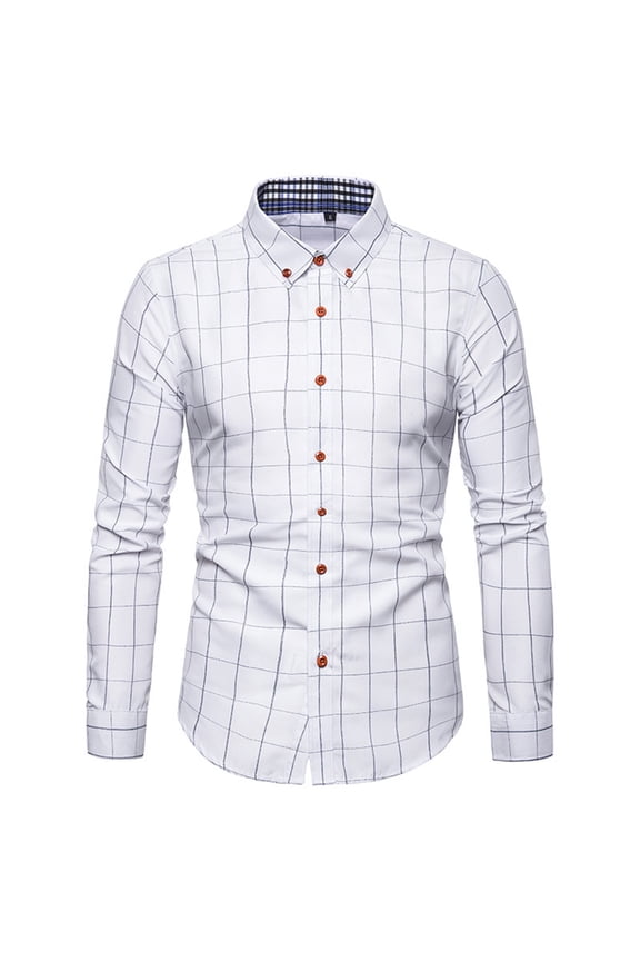 Men's Long Sleeve Shirts Button Down Plaid Cotton Blend Regular Fit/Classic fit Casual Lapel Collar Printed Loose Tops White Large
